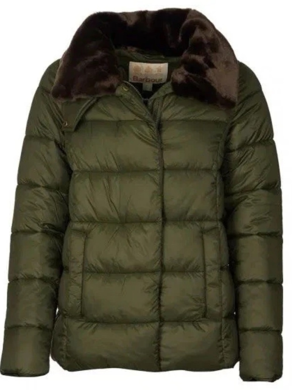 Barbour Mullein Faux Fur Trim Quilted Puffer Coat in Sage